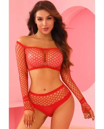 Ensemble lingerie 2 pièces en résille rouge - J Lingerie
